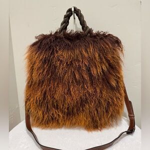 Brown Gradient Handmade Real Mongolian Lamb Fur & Leather Braided Handle Tote
